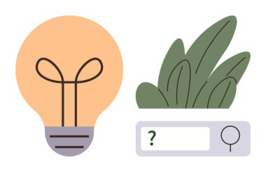 Ampul ve arama çubuğu, sürdürülebilirliği, yaratıcılığı ve çevresel çözümleri sembolize eden yeşil yapraklarla eşleştirildi. Çevre teknolojisi için ideal, doğa odaklanma, enerji tasarrufu, yenilik, yeşil