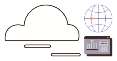 Modern tasarımda küresel ağa bağlı bulut ve veri görselleştirme grafiği. Teknoloji, iletişim, veri paylaşımı, küresel bağlantı, analitik, bulut hesaplama ve yenilik için ideal