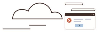 Kırmızı haçlı ve OK tuşlu bir hata mesajı içeren bir tarayıcı penceresinin yanında bulut ana hatları. Teknoloji sorunu, siber güvenlik, bulut hesaplama, hata alarmı, sistem hatası, yazılım için ideal