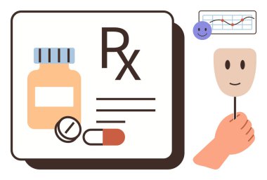 İlaç şişesi, haplar, gülümseyen yüz maskesi ve ruh hali grafiği. Sağlık, terapi, tedavi, kişisel bakım, pozitiflik. Zihinsel sağlık sağlığı için ideal duygu düzenlemesi