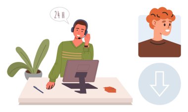 Müşteri hizmetleri temsilcisi masasında bilgisayarla, müşteriyle konuşuyor. Görünür bitki, müşteri portresi, indirme oku. Destek, iletişim, hizmet, yardım teknolojisi için ideal