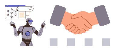 Veri görselleştirme ve tokalaşmayı temsil eden yapay zeka robotu yenilik, işbirliği, dijital çözümler, takım çalışması ve güveni temsil ediyor. Yapay zeka etiği, gelecek teknolojisi, otomasyon, ortaklık robotları için ideal.