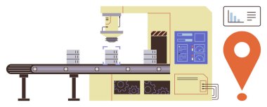 Endüstriyel makine, konveyör bantlarındaki istiflenmiş kutuları, izleme sistemini ve konum işaretçisini inceliyor. Üretim, otomasyon, lojistik, sanayi 4.0, verimlilik teknolojisi için idealdir.