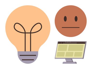 Yaratıcı bir fikri temsil eden ampul, duygusuz tepkiler için nötr yüz sembolü ve web sitesi düzenini gösteren bir bilgisayar monitörü. Yaratıcılık, yenilik, teknoloji ve duygular için ideal