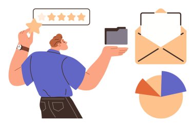 Yıldız reytinglerini inceleyen kişi, bir dosya klasörü, pasta tablosu ve belge zarfı tutuyor. Geri bildirim, iletişim, takım çalışması, performans stratejisi analizi için ideal. Modern düz metafor