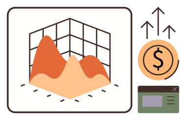 3 boyutlu grafikler, dolar sembolü, yukarı doğru oklar ve finans, istatistik ve başarıyı vurgulayan pencere paneli. Finans, yatırım, iş büyüme eğilimleri için ideal analitik