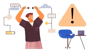 Adam karmaşık işlem akışına diyagramlar, bataryalar ve uyarılarla bağlanıyor. Dizüstü bilgisayarı ve sandalyesi olan bir masanın yanında. İş akışı, sorun çözme, yenilik, teknoloji, bağlantı, risk için ideal