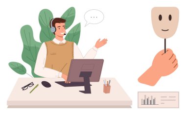 Masasında kendine güvenen kulaklıklı, sohbet balonu ve bilgisayar jestleri olan biri. Gizli duyguları sembolize eden gülümseyen bir maske. Takım çalışması için ideal, müşteri hizmetleri, empati, zihinsel