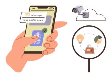 Şifreli mesaj gösteren akıllı telefonun kilidini açmak için parmak izi taraması kullanıyor. Yakınlarda, güvenlik kamerası, alışveriş, veri analizi ve yenilik simgeleri görülüyor. Teknoloji, güvenlik ve online alışveriş için ideal