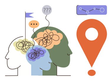 Kafa üstü çakışan düşünceler, konuşma baloncukları ve yer göstergesine bağlanan bir ilerleme çizelgesi. Takım çalışması, yaratıcılık, hedefler, problem çözme, karar verme, strateji rehberliği için ideal