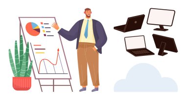 Bir saksı bitkisinin yanında grafikler ve grafikler sunan bir adam. Dizüstü bilgisayarlar, monitörler ve bulut teknolojiyi, takım çalışmasını, verimliliği, veri analizini ve eğitim stratejisini vurguluyor. Düz