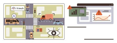 Vehicles at an intersection with speed, AI signals, cameras, data analytics, and warnings. Ideal for AI technology, traffic management, automation safety data transportation smart cities. Simple