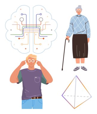 Bastonlu yaşlı bir kadın, gözlükleri ayarlayan genç bir adam, beyindeki sinir yolları ve geometrik prizma. Yaşlanma, nesiller arası ilişki, bilim, bağlantı, eğitim vizyonu için ideal