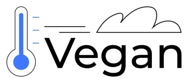 Blue thermometer and minimalist cloud alongside Vegan text represent eco-consciousness, climate action, sustainable lifestyle, environmental care, plant-based diet, weather impact, and health focus