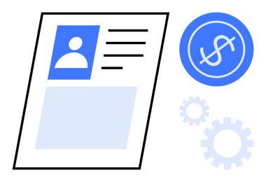 Kullanıcı detayları, profil fotoğrafı, mavi para ve vitesli kişisel belge. Finans, iş, hesap verebilirlik, otomasyon, planlama, yönetim kariyer büyümesi için ideal. Temiz daire