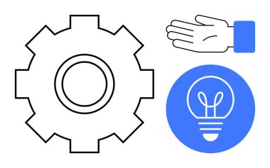 Üretkenlik için vites ana hatları, rehberlik için eller, ve fikirler ve yenilik için mavi ampul. Takım çalışması, beyin fırtınası, üretkenlik, destek, yaratıcılık, işlemler için ideal