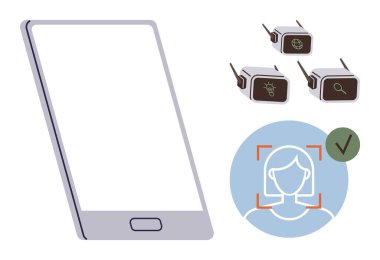 Boş ekranlı akıllı telefon, yüz tanıma simgesi ve kablosuz veri kavramı. Teknoloji, bağlantı, tanımlama, iletişim, yapay zeka, basit düz metafor için idealdir.