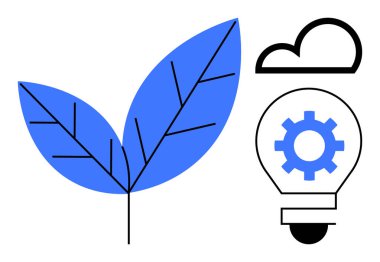 Mavi yapraklar, ampulün içindeki teçhizat ve bulut anahatları teknoloji, doğa ve yenilik arasındaki uyumu iletir. Sürdürülebilirlik, yeşil enerji, eko-verimlilik, ilerleme teknolojisi için ideal