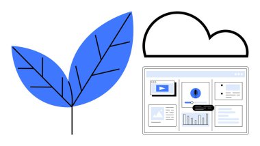 Mavi yaprak bulut ve dijital arayüzle eşleştirilerek teknoloji, veri analizi ve ekolojik bilinçli yeniliği temsil eder. Sürdürülebilirlik, teknoloji, bulut depolama, veri görselleştirme için ideal