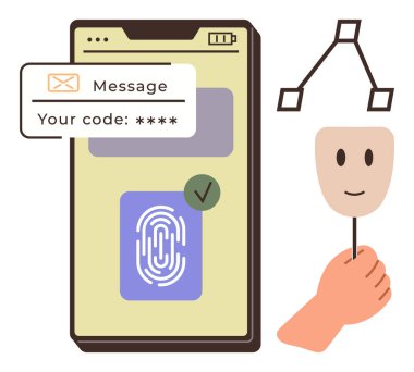 Mobil ekranda biyometrik parmak izi doğrulaması ve güvenlik kodunun yanında maske tutan bir el görülüyor. Siber güvenlik, gizlilik, kimlik, kimlik doğrulama, biyometrik, çevrimiçi için ideal