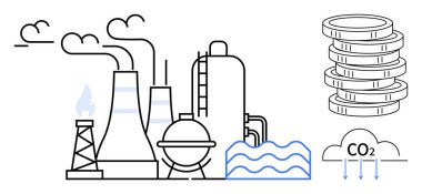 Kirlilik, gaz alevleri, su ve CO2 bulutu yayan endüstriyel fabrikalar. Bozuk para yığını karbon vergisini sembolize eder. Çevre, kirlilik, enerji ve ekonomik sürdürülebilirlik için ideal