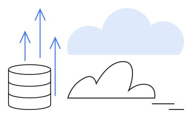 Yukarı doğru oklu veri yığını veri iletimini bir bulut formuna sembolize ediyor. Bulut hesaplama, veri depolama, ağ, dijital transfer, teknoloji yeniliği, iletişim, basit