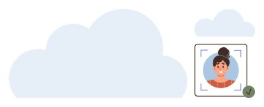 Tanımlama için vurgulanmış çerçevede kullanıcı profili resmi olan bir bulut arkaplanı, yeşil doğrulama kontrol işareti de dahil. Teknoloji, kimlik, güvenlik, bulut depolama için ideal