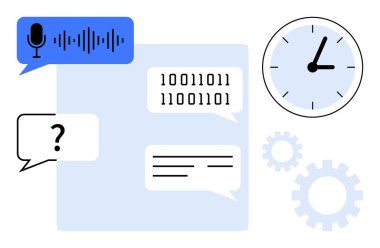 İkili ve genel metin içeren sohbet baloncukları, ses giriş simgesi, saat ve vitesler. İletişim, yapay zeka, analitik, takım çalışması kodlama yeniliği ve zaman yönetimi için idealdir. En az düz metafor