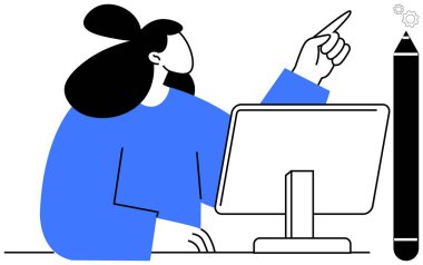 Masaüstü monitöründe fikirlerle uğraşan bir kadın, profesyonel aletlerle hareket ediyor. Teknoloji, takım çalışması, üretkenlik, yaratıcılık, yenilik, tasarım düşünme, basit iniş sayfası için ideal