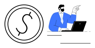 Resmi kıyafetli bir adam dizüstü bilgisayarda çalışırken dolar işaretini vurguluyor. Finans, yatırım, iş stratejisi, kurumsal planlama, başarı, liderlik için ideal, basit düz metafor