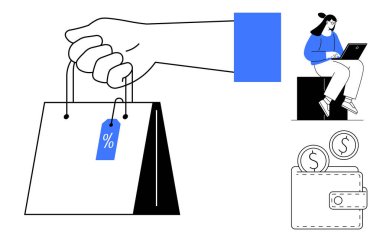 İndirim etiketli el çantası, dizüstü bilgisayarda oturan kadın, bozuk paralarla dolu cüzdan. E-ticaret, indirim, dijital alışveriş, tasarruf, perakende bütçeli müşteri ilişkileri için ideal. Basit düz