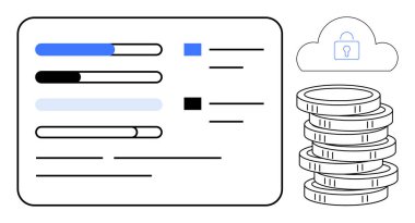 Dijital torpido gözünde ilerleme çubukları, güvenli bulut simgesi ve istiflenmiş paralar. Finans, bütçe planlaması, veri güvenliği, analitik, dijital bankacılık Fintech modern teknoloji için idealdir. Temiz daire