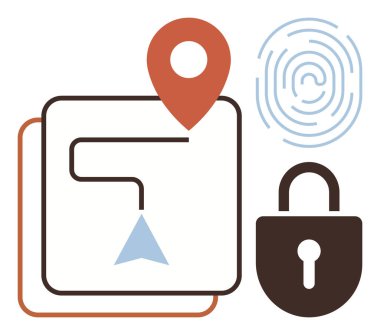 Harita güzergahı, kırmızı lokasyon iğnesi, parmak izi ve asma kilit veri koruması, navigasyon ve güvenlik. Siber güvenlik, gizlilik, GPS hizmetleri kimlik doğrulama kullanıcı güvenliği uygulaması UI için ideal
