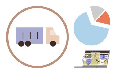 Dairesel çerçeveli teslimat kamyonu, pasta grafiği ve görev izleme dizüstü bilgisayarı. Lojistik, tedarik zinciri, dağıtım, filo yönetimi, veri analizi, basit düz metaforun takibi için ideal