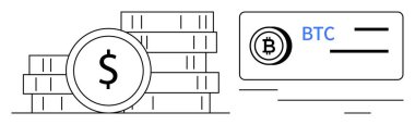 Birikmiş paralar ve Bitcoin kart sergisi finansal çeşitliliği. Kripto para birimi, dijital para birimi, finans, engelleme zinciri, e-ticaret, fintech, tasarruflar için ideal. Minimalist düz metafor