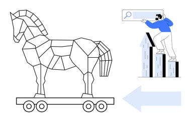 Geometrik Truva atı, arama çubuğuna tırmanan adamın yanında. Siber güvenlik, veri sızıntısı, strateji, hackleme, online arama, ilerleme, teknolojide risk için idealdir. Basit.