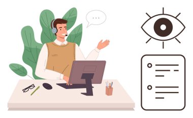 Masada kulaklık takan, bilgisayar kullanan, sohbet eden profesyonel. Göz simgesi ve kontrol listesi odak, organizasyon ve verimliliği temsil ediyor. İletişim için ideal, takım çalışması, uzaktan çalışma