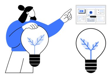 Elinde ağaç grafikli ampul tutan kişi, veri paneline işaret ederken fikirleri, yeniliği ve büyümeyi sembolize ediyor. Yaratıcılık, analiz, teknoloji, problem çözme, strateji için ideal