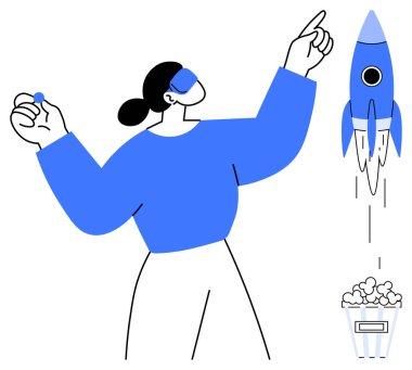 VR kulaklık takan bir kadın fırlatma roketine nişan almış elinde bir kumanda ve altında patlamış mısır kabı var. Teknoloji, yenilik, uzay keşfi, yaratıcılık, eğlence, gelecek için ideal