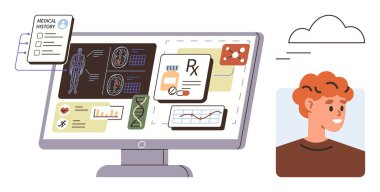 Masaüstü ekranında gülümseyen bir hastaya ait tıbbi raporlar, çizelgeler, DNA analizleri ve reçeteler var. Sağlık, teletıp, teknoloji, tanı, veri analizi yeniliği için ideal