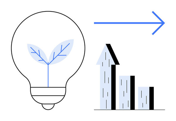 Лампочка с растительным ростком символизирует эко-инновации. Стрелка направляет внимание на столбчатый график, отражающий рост бизнеса. Идеально подходит для роста, инноваций, устойчивого развития, экологического бизнеса, успеха