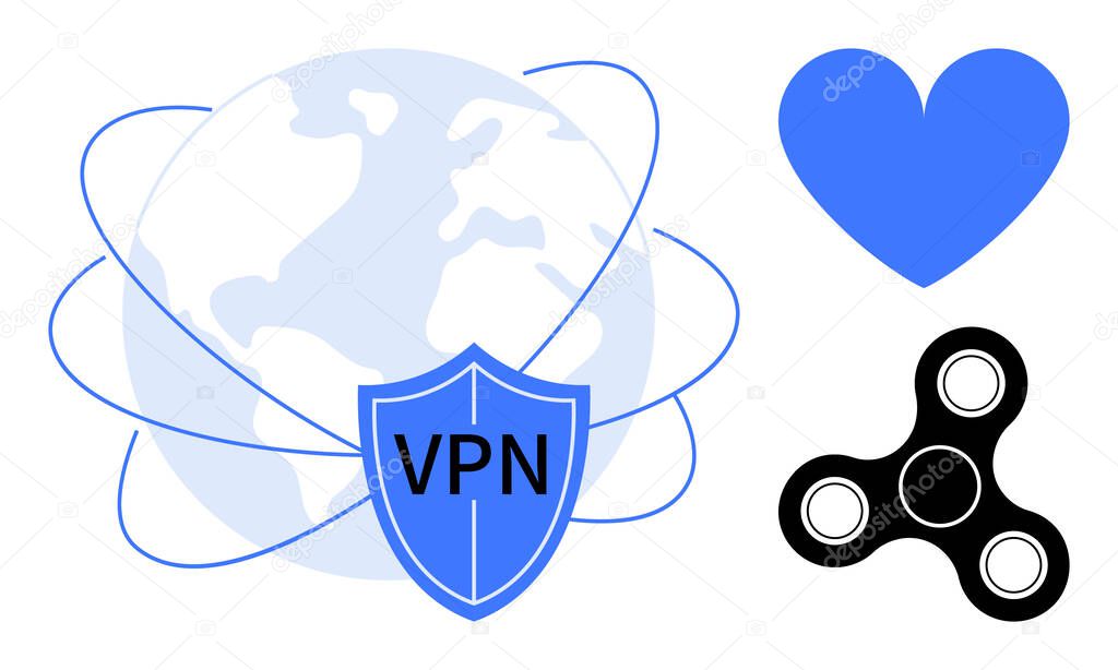 Globe with orbiting lines, a blue shield labeled VPN, blue heart, black spinner. Ideal for privacy, security, connectivity, recreation, technology gaming simple landing page