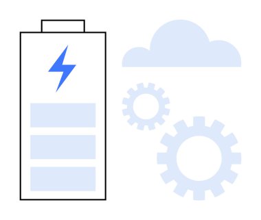 Enerji sürgüsü, bulut ve vites gösterici güç verimliliği, bulut entegrasyonu ve işlem otomasyonuna sahip pil simgesi. Sürdürülebilirlik, enerji optimizasyonu, bulut hesaplaması ve yenilik için ideal