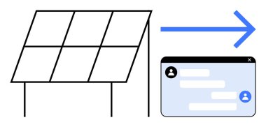 Sohbet arayüzünü gösteren oklu güneş paneli, dijital sistemlerle yenilenebilir enerji entegrasyonunu sembolize ediyor. Sürdürülebilirlik, enerji teknolojisi, iletişim, yenilik ve teknoloji için ideal