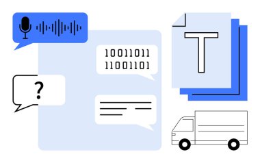 Konuşma tanıma simgesi, sohbet baloncukları, ikili kod, metin dosyaları ve dağıtım kamyonu. İletişim araçları, yapay zeka, veri işleme, lojistik transkripsiyon ağı basit iniş sayfası için ideal