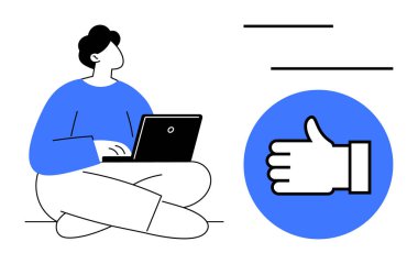 Bacak bacak üstüne atmış ve dizüstü bilgisayarda mavi başparmaklı bir ikonun yanında yazan kişi. Teknoloji, iletişim, onay, takım çalışması, sosyal medya, içerik oluşturma, basit iniş için ideal