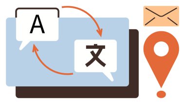 Diller arasındaki çeviriyi sembolize eden oklu konuşma baloncukları, yer işaretleyicisi ve iletişim için zarf. Dil hizmetleri, çeviri, navigasyon ve yerelleştirme için ideal
