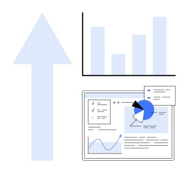 Analitik gösterge tablosu, pasta tablosu, çizgi grafiği ve büyüme oku. İş, veri görselleştirme, finans, piyasa analizi, büyüme stratejisi performansı basit iniş denetimi için ideal