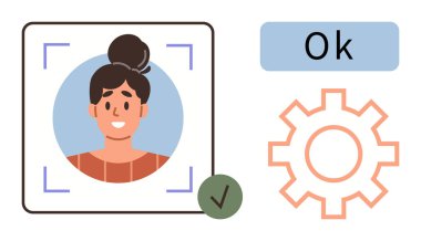 Bir onay çerçevesi içinde kadın profil resmi, ayarlar için dişli simgesi ve Ok işaretli. Teknoloji, güvenlik, profil ayarı, kullanıcı kimlik denetimi, yazılım, otomasyon kullanıcısı için ideal