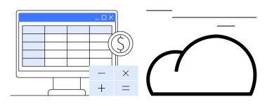 Finansal hesap tablosu, hesap makinesi simgesi ve bulut simgesi olan bilgisayar ekranı. Muhasebe, finans, bulut teknolojisi, bütçeleme, veri analizi iş planlaması ve dijital araçlar için idealdir. Basit.